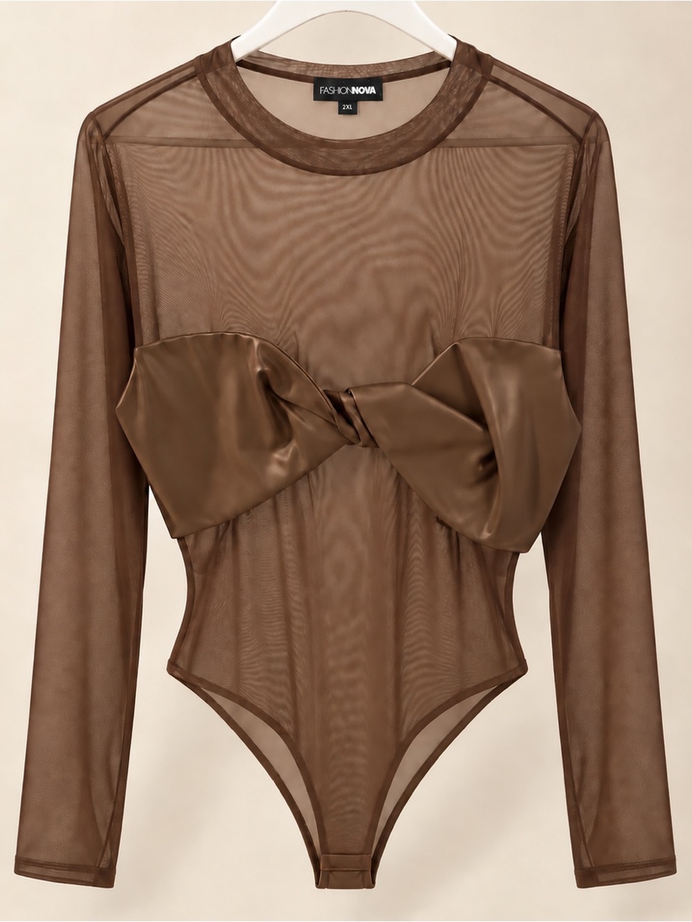 Fashion Nova Chocolate Sheer Long Sleeve Bow Front Bodysuit